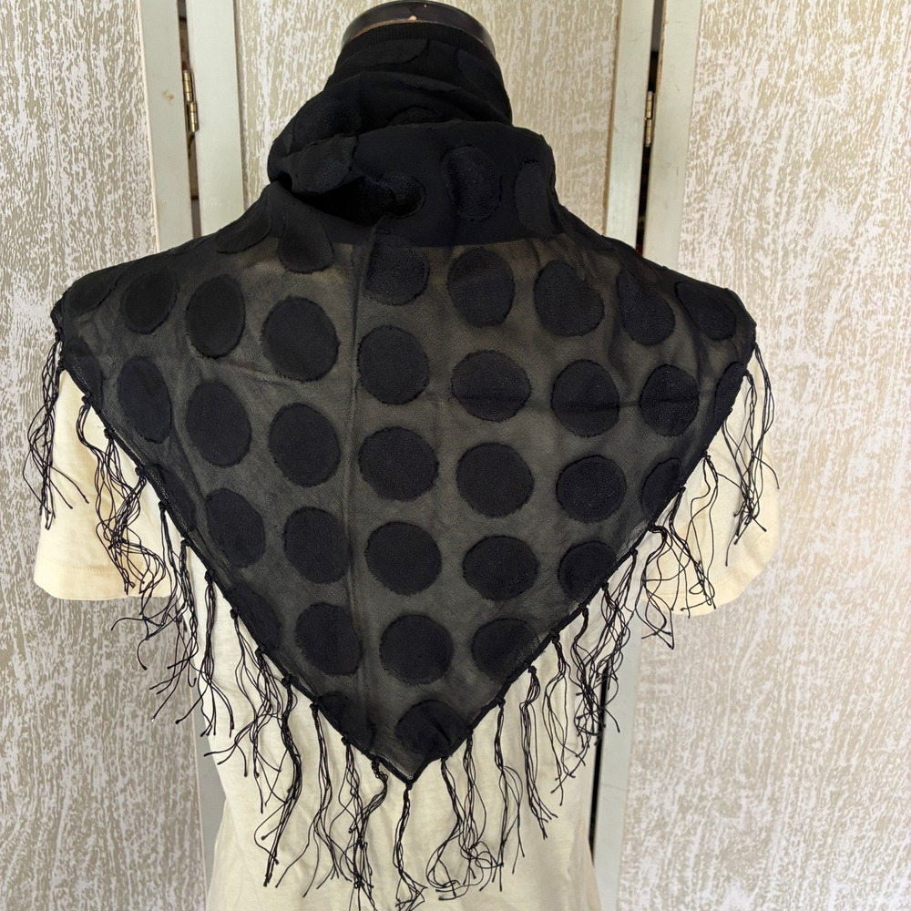 VTG Black Sheer Burnout Polka Dot Triangle Shawl with Fringe Wrap Scarf